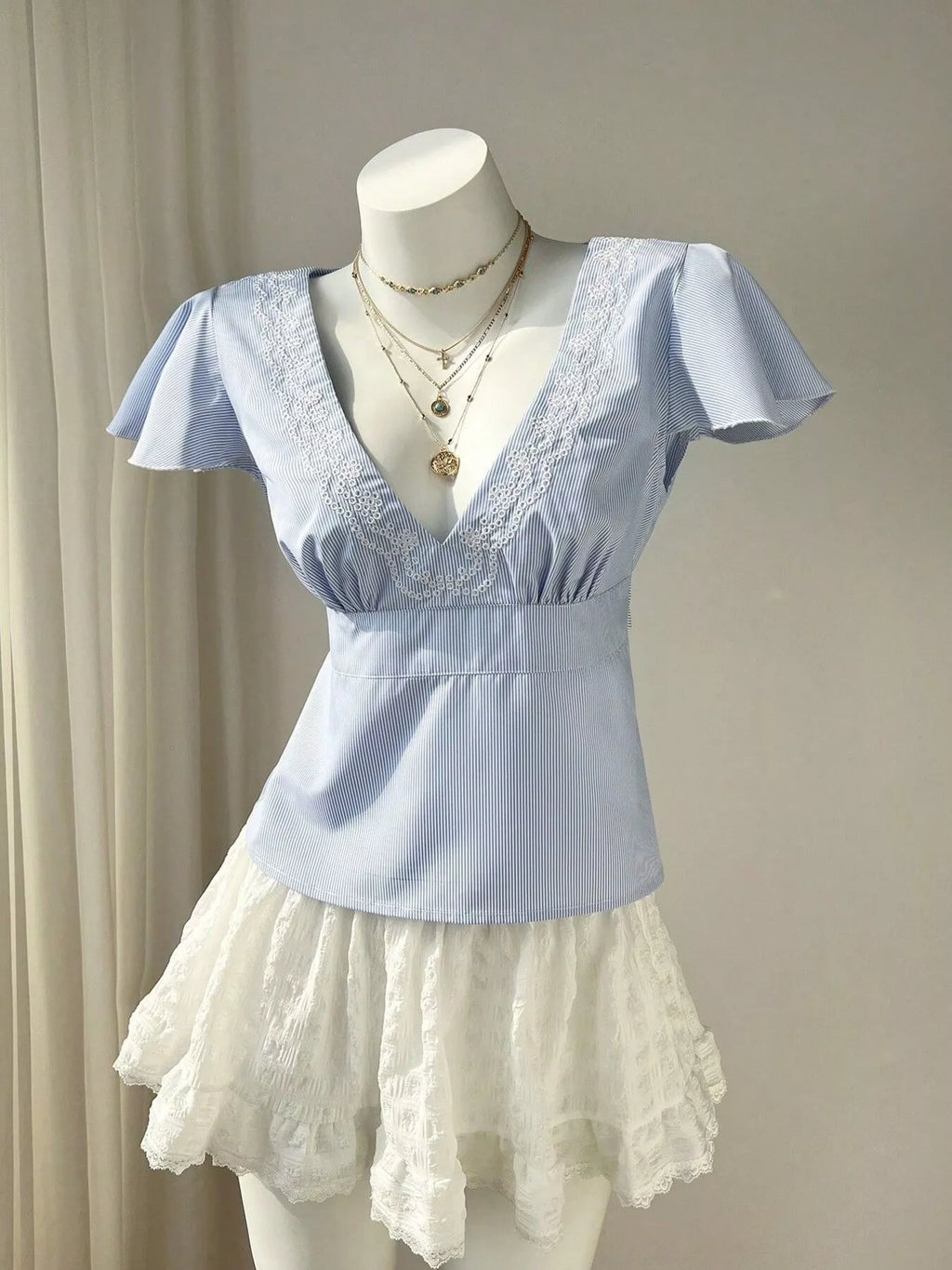 Lace Trim V-Neck Blouse