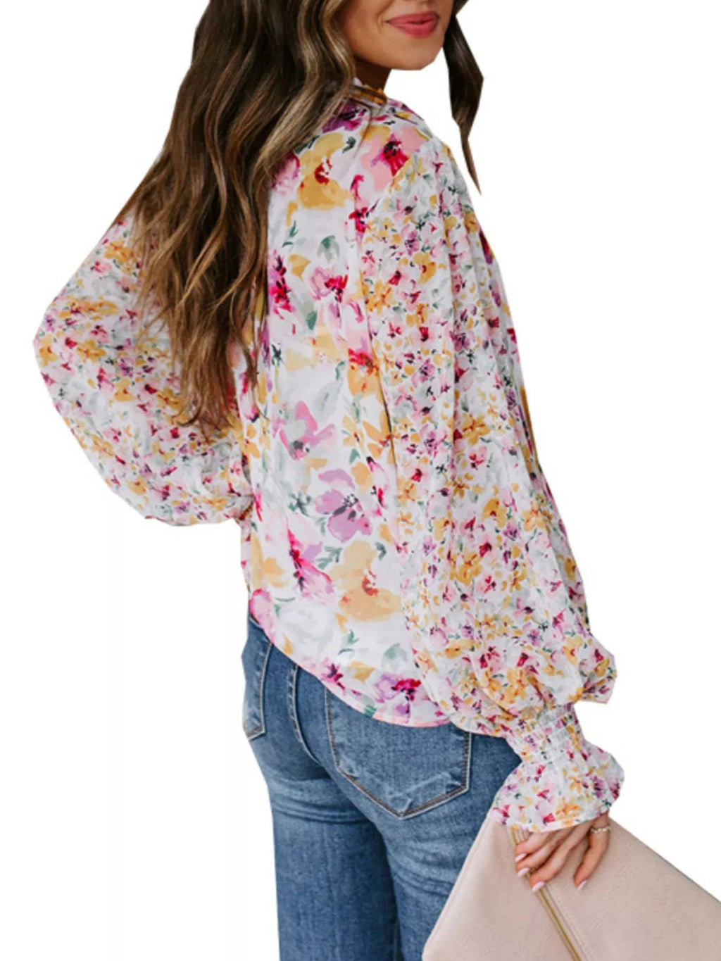 Full Size Floral Print Smocked Cuff Blouse Plus Size