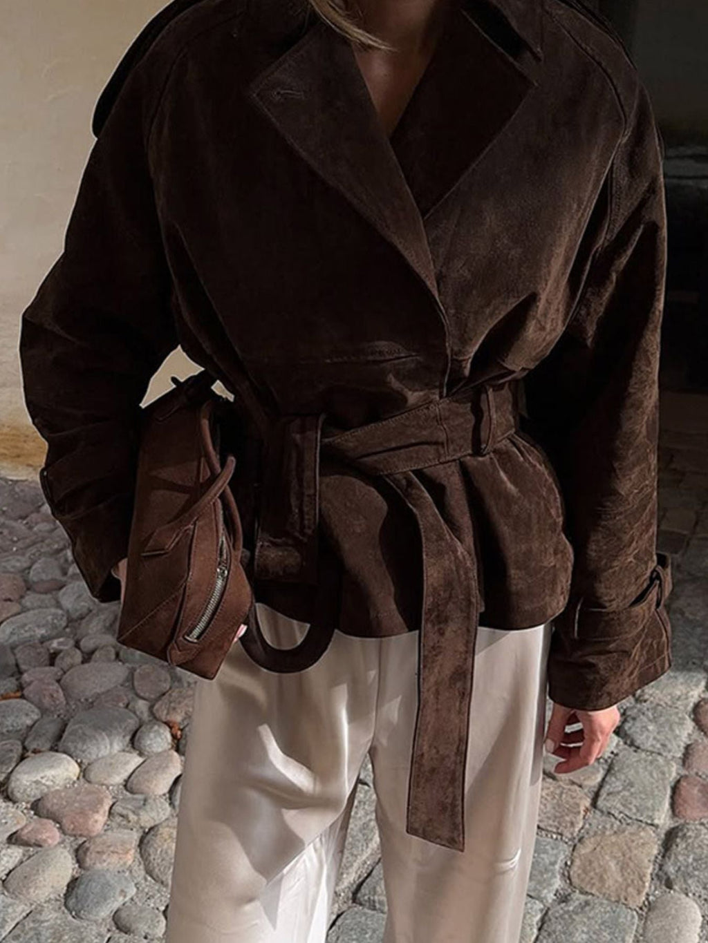 Lapel Collar Tie Waist Outerwear