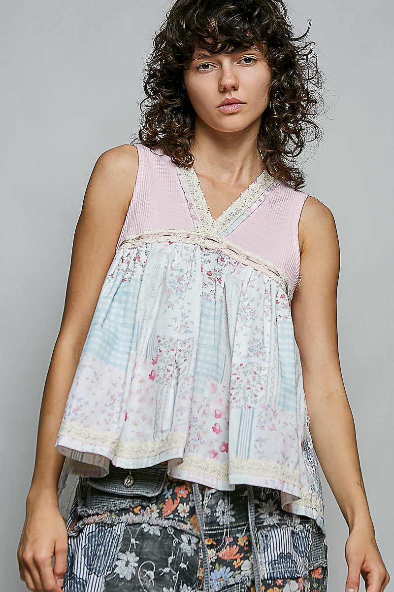 POL Floral V-Neck Sheer Tank with Lace Trim