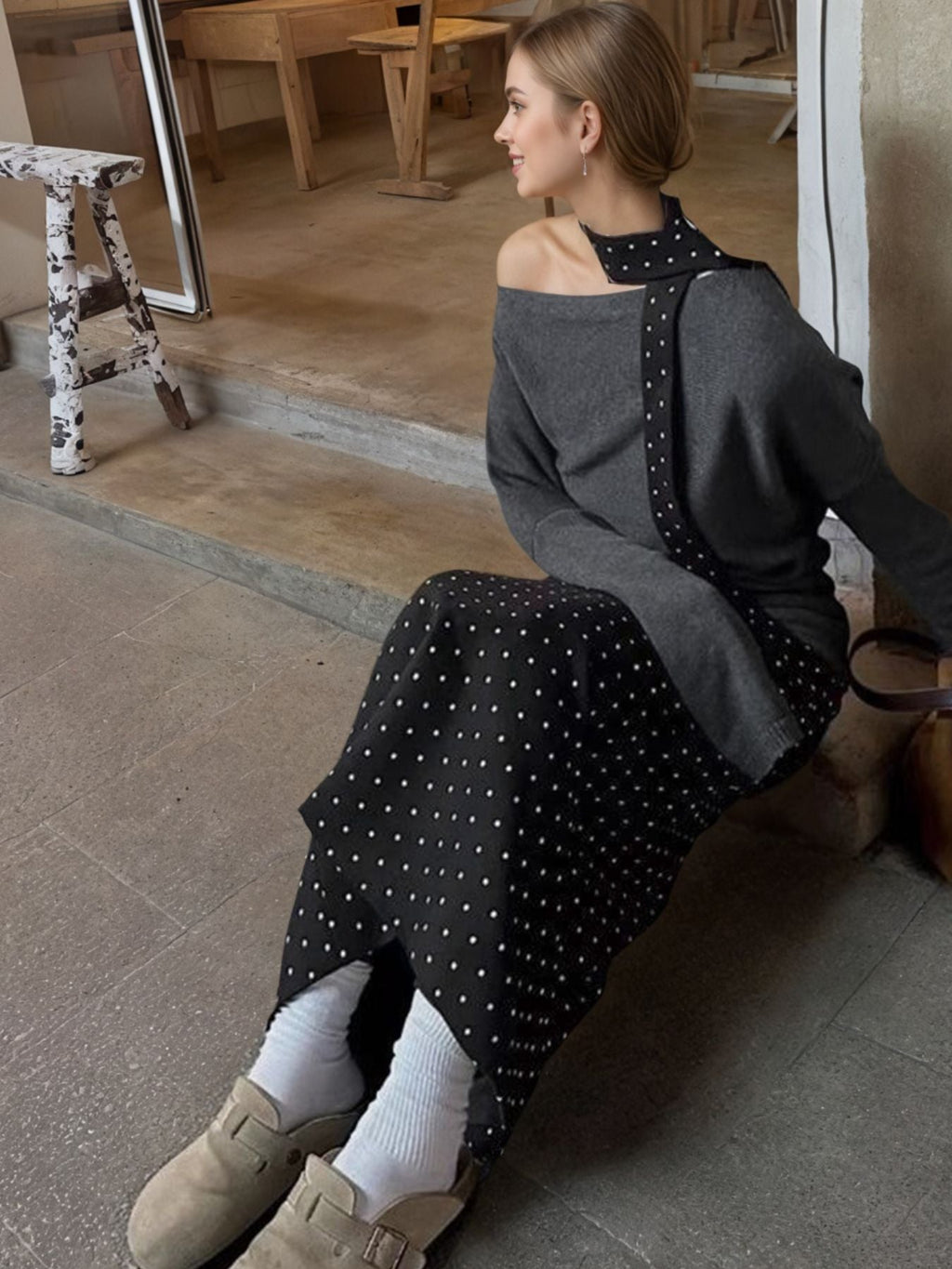 One Shoulder Top and Polka Dot Skirt Set