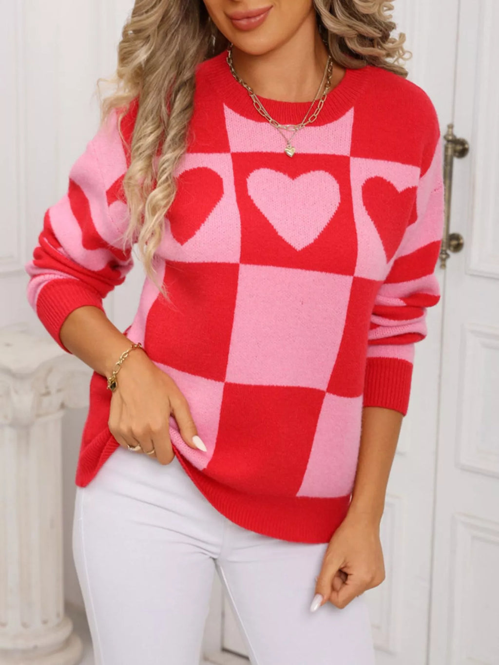 Heart Pattern Checkerboard Knit Sweater