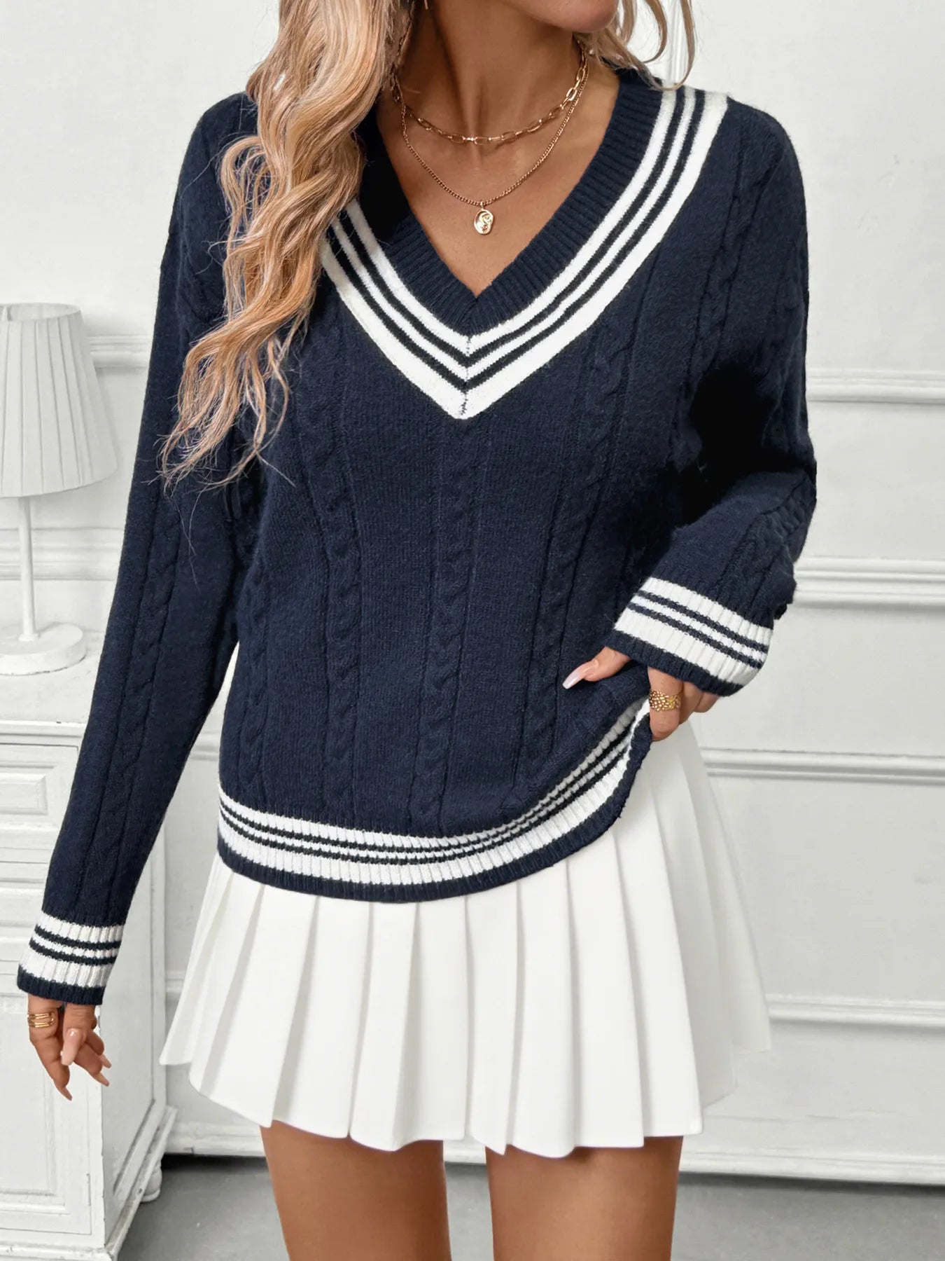 Contrast Striped V-Neck Sweater