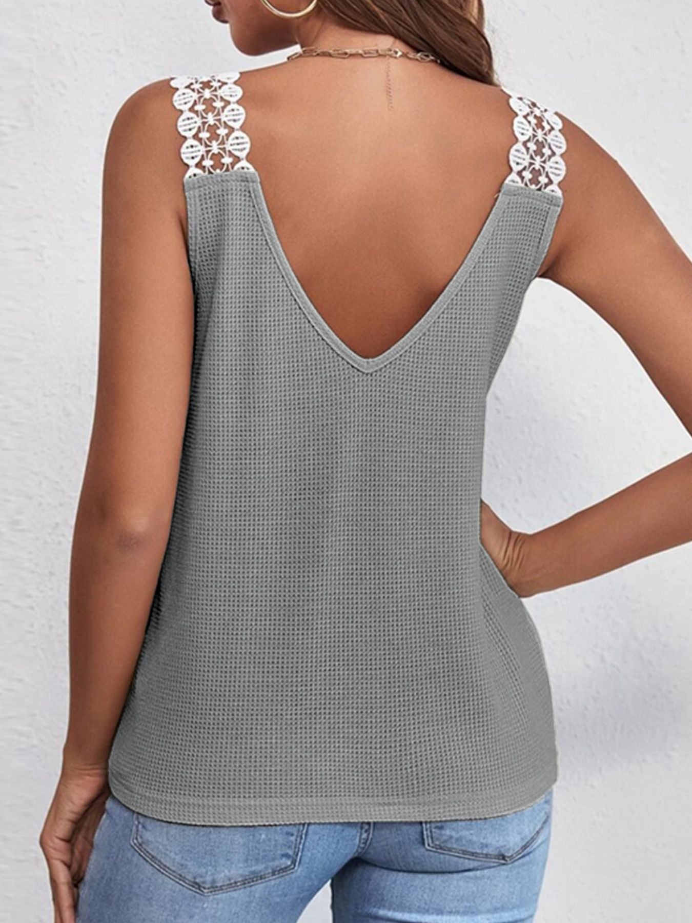 Full Size Lace Trim V-Neck Waffle Knit Tank Plus Size