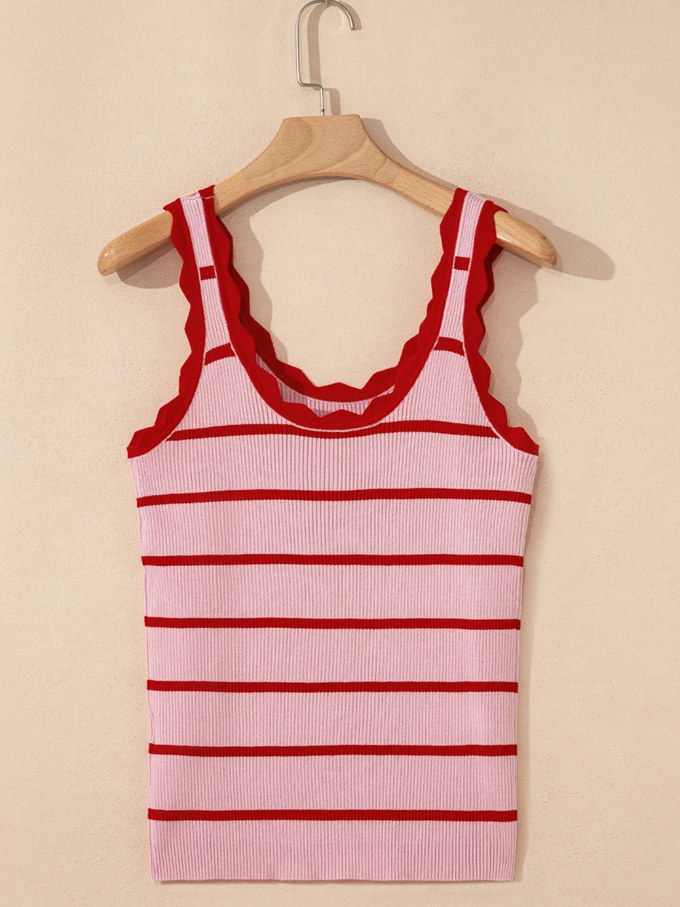 Stripe Scalloped Edge Crew Neck Knit Tank Top