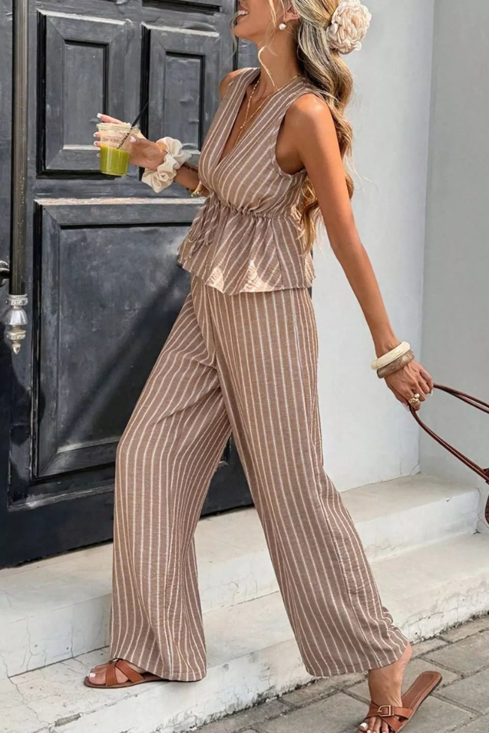 Striped Sleeveless Top and Wide Leg Pants Set