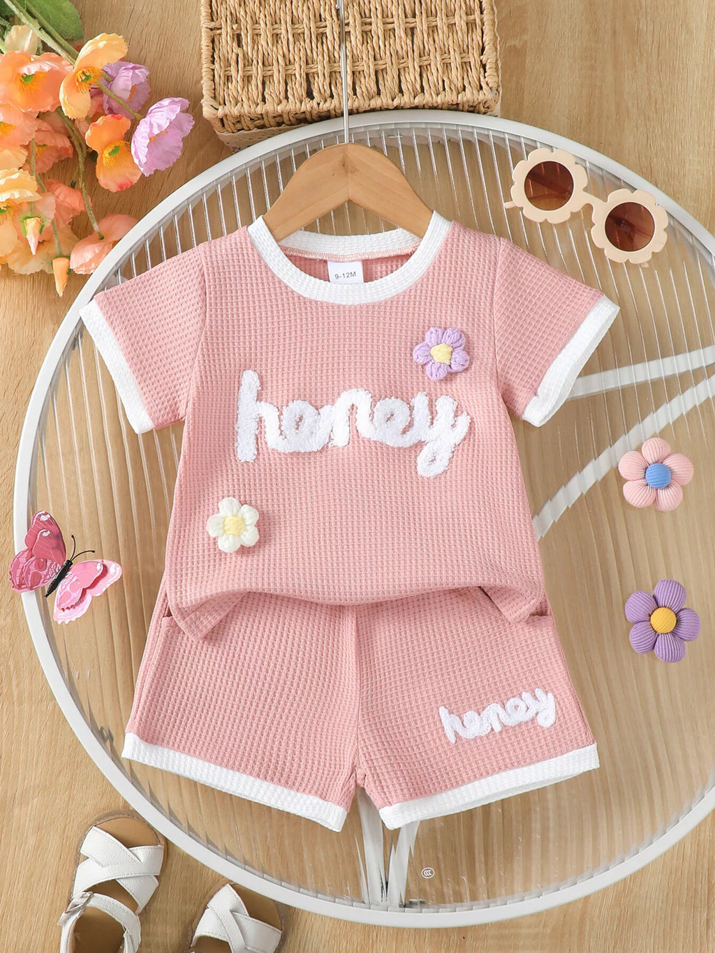 Children's Honey Flower Waffle Knit Tee and Shorts Set