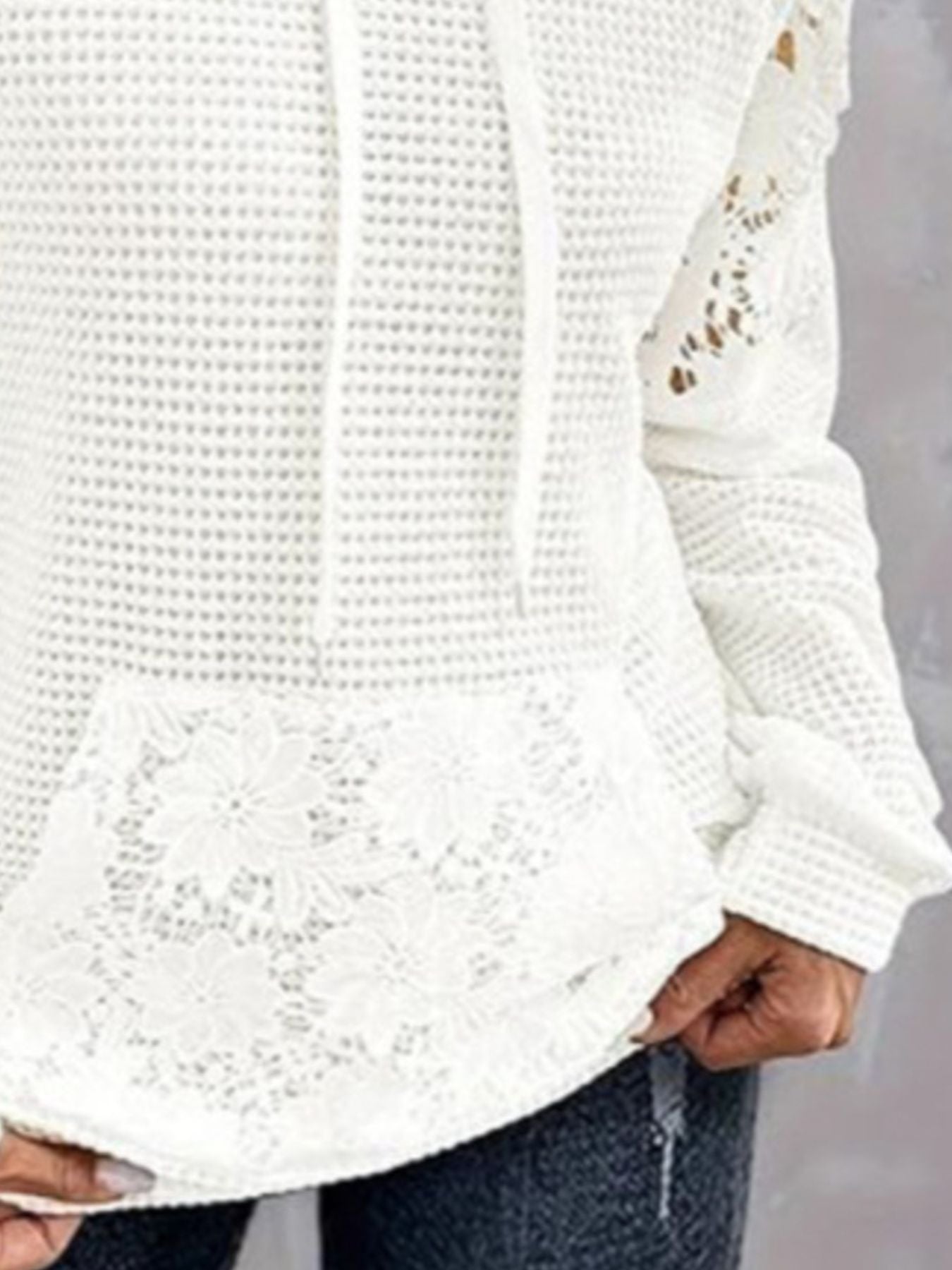 Full Size Lace Trim Waffle Knit Hoodie Plus Size