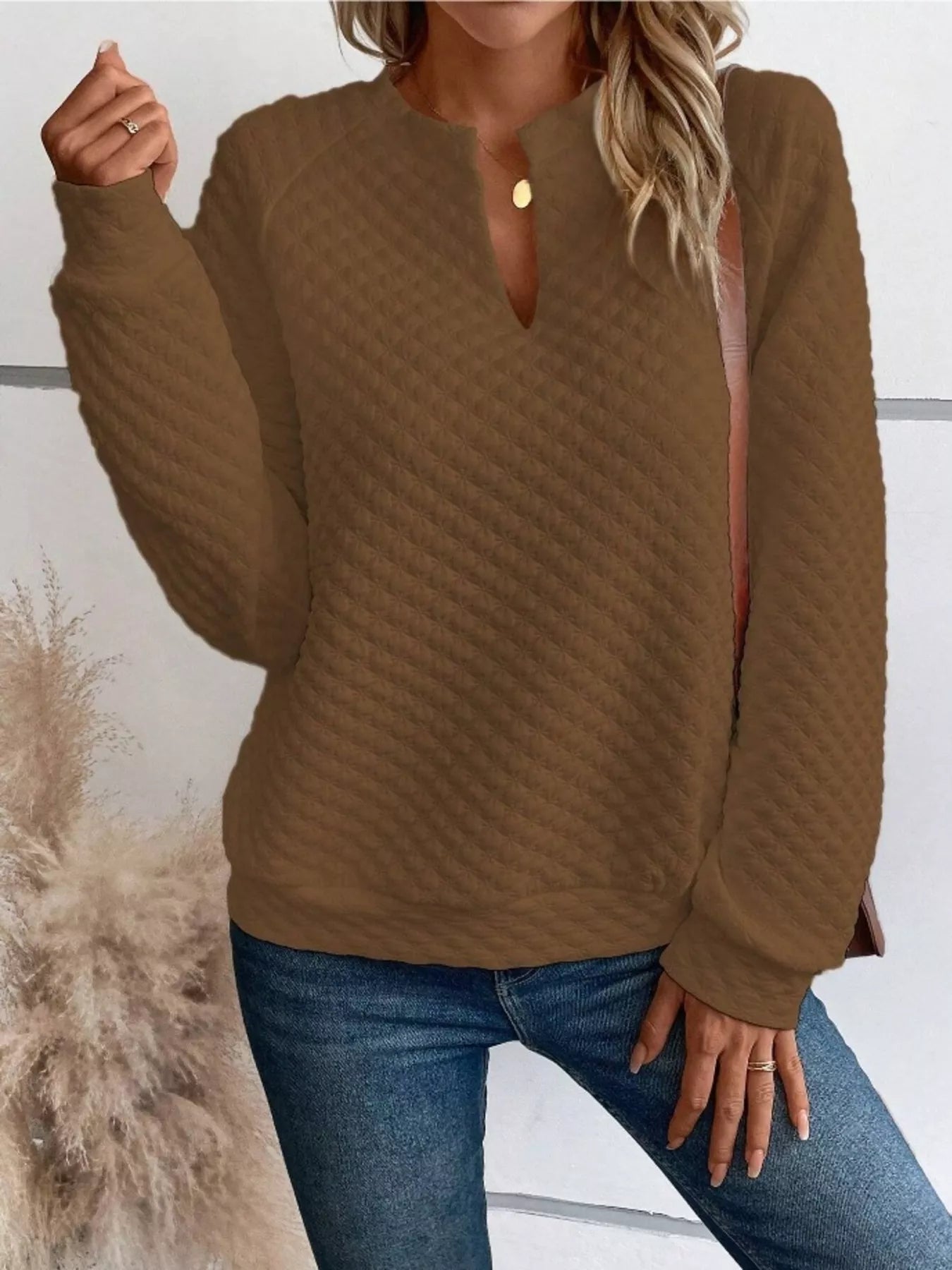 Textured Notched Raglan Sleeve Sweatshirt