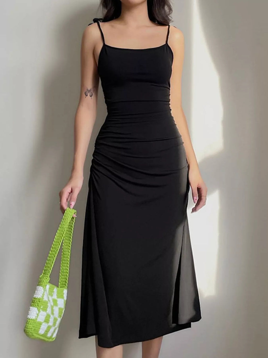 Ruched Tie Shoulder Midi Dress