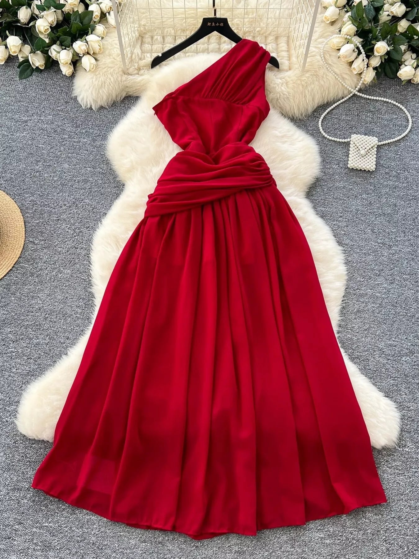 One-Shoulder Floral Decor Dress