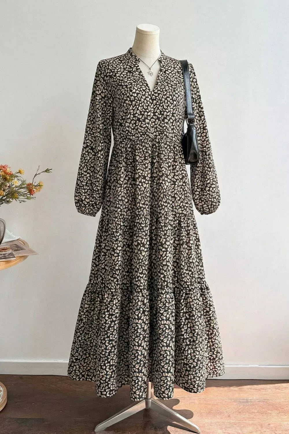 Leopard Notched Balloon Sleeve Dress