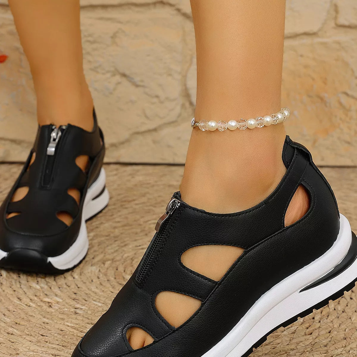 Cutout Zipper Wedge Sneakers