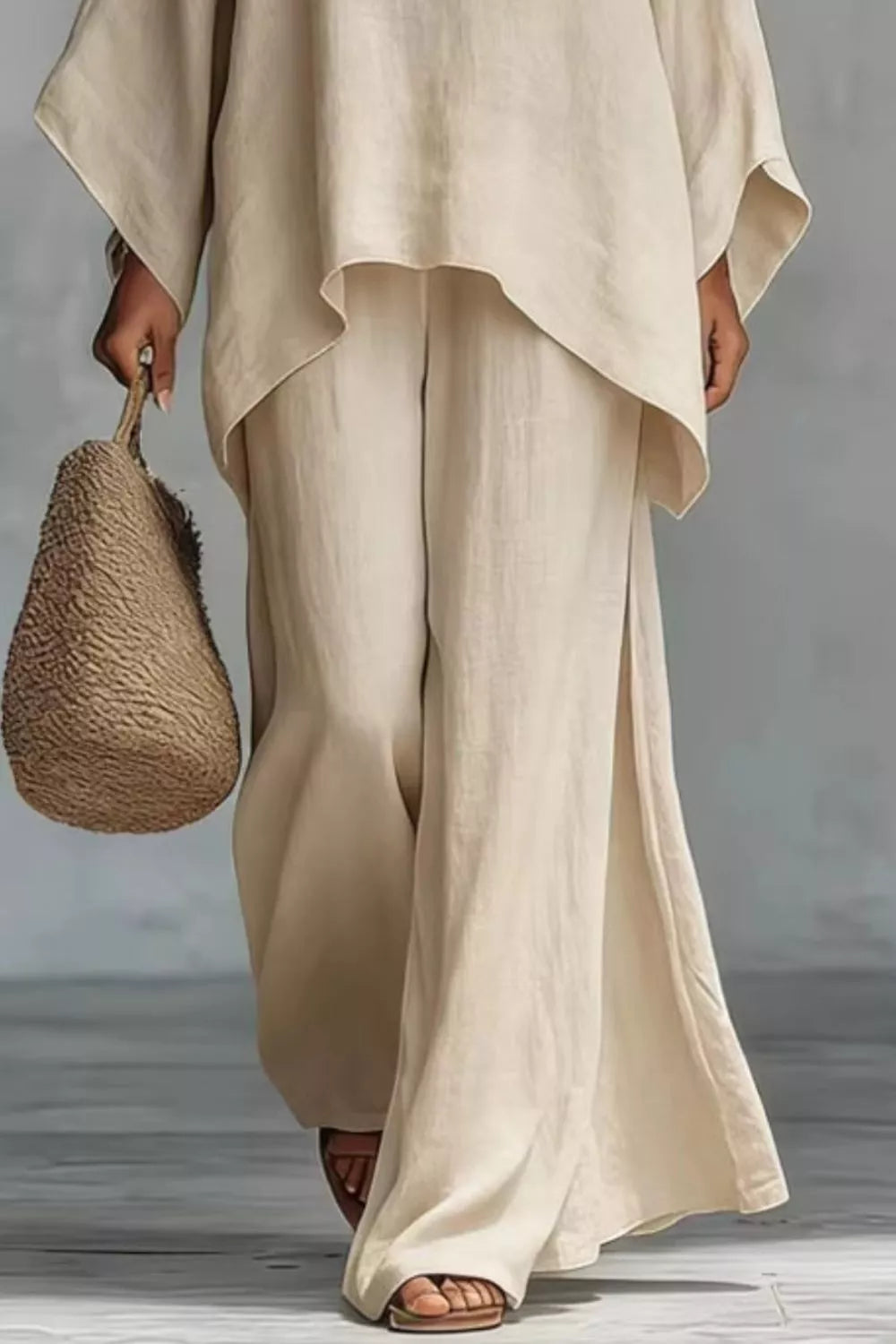 Solid Color Long Sleeve Top and Wide Leg Pants Set