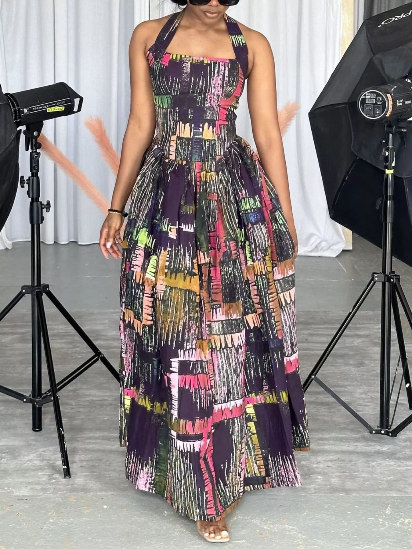 Full Size Abstract Print Halter Neck Maxi Dress Plus Size