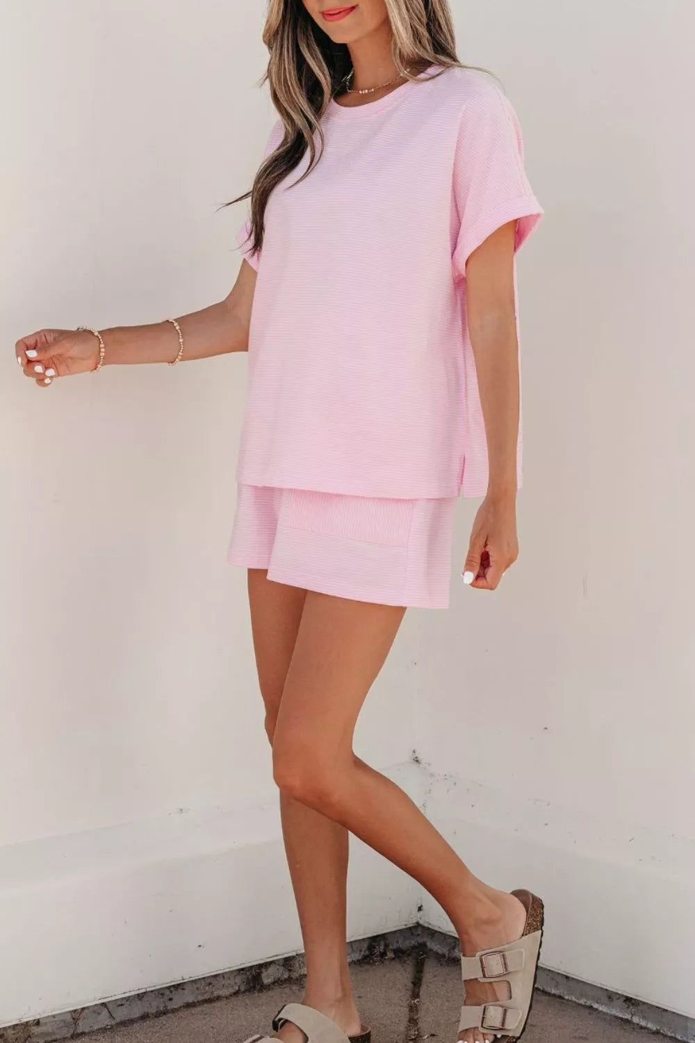 Stripe Matching Oversized Tee and Drawstring Shorts Set