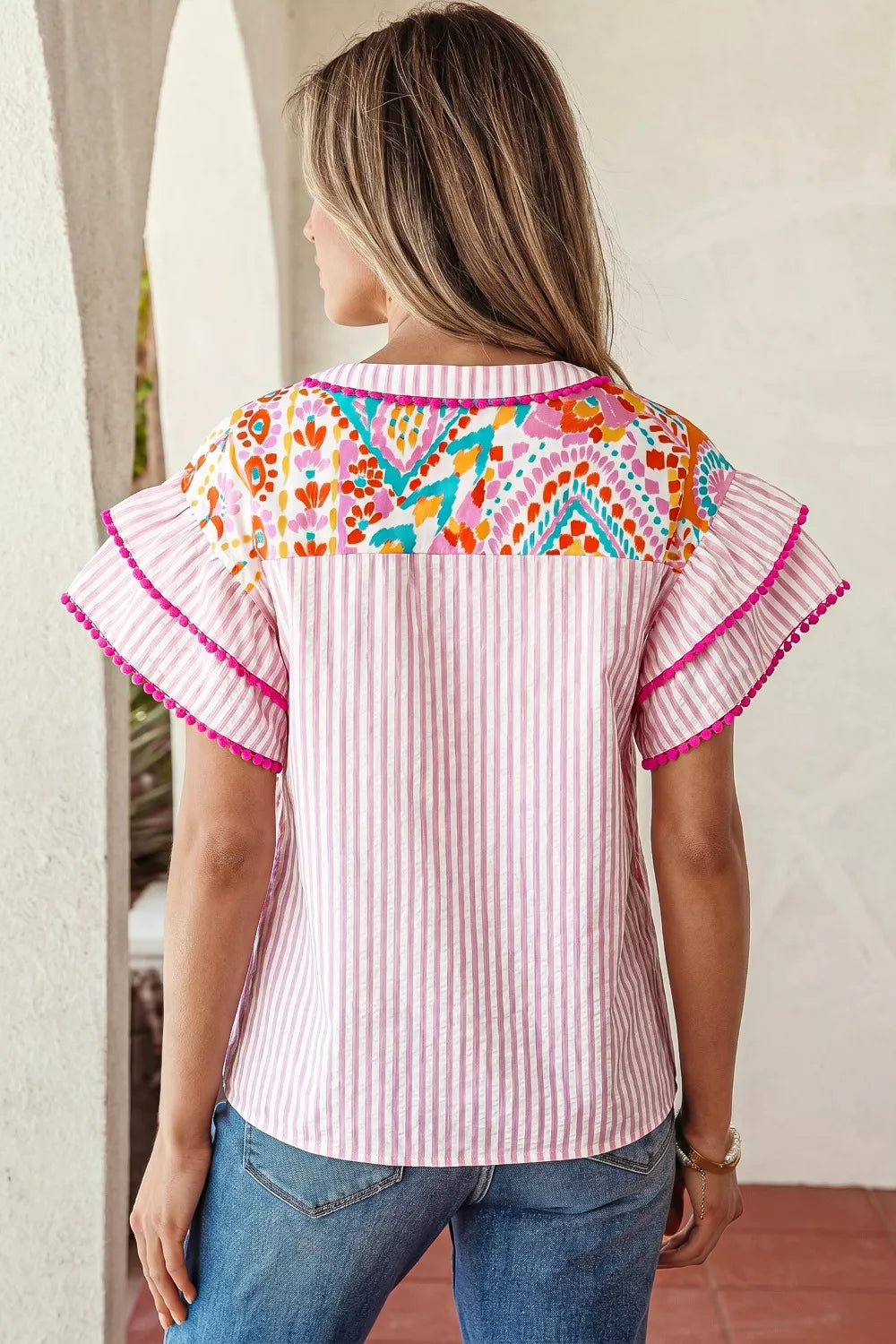 Mixed Print Contrast Trim Striped Patchwork Tiered Short Sleeve Blouse