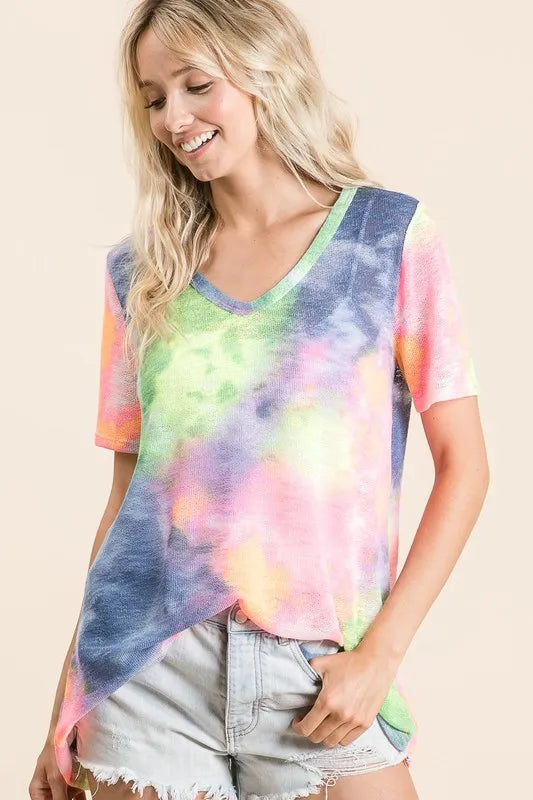 BiBi Tie Dye Print Low Gauge Deep U Neck Top