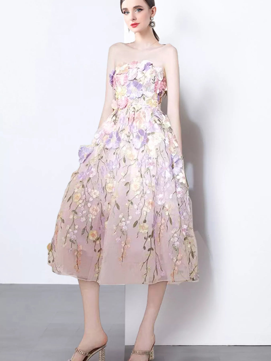 Strapless Floral Applique Midi Dress