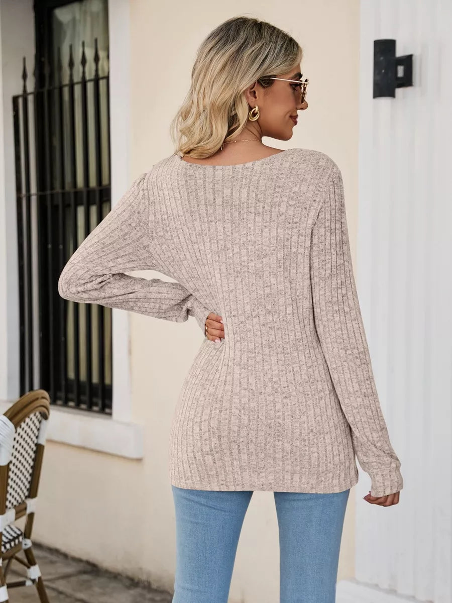 Ribbed Square Neck Long Sleeve T-Shirt