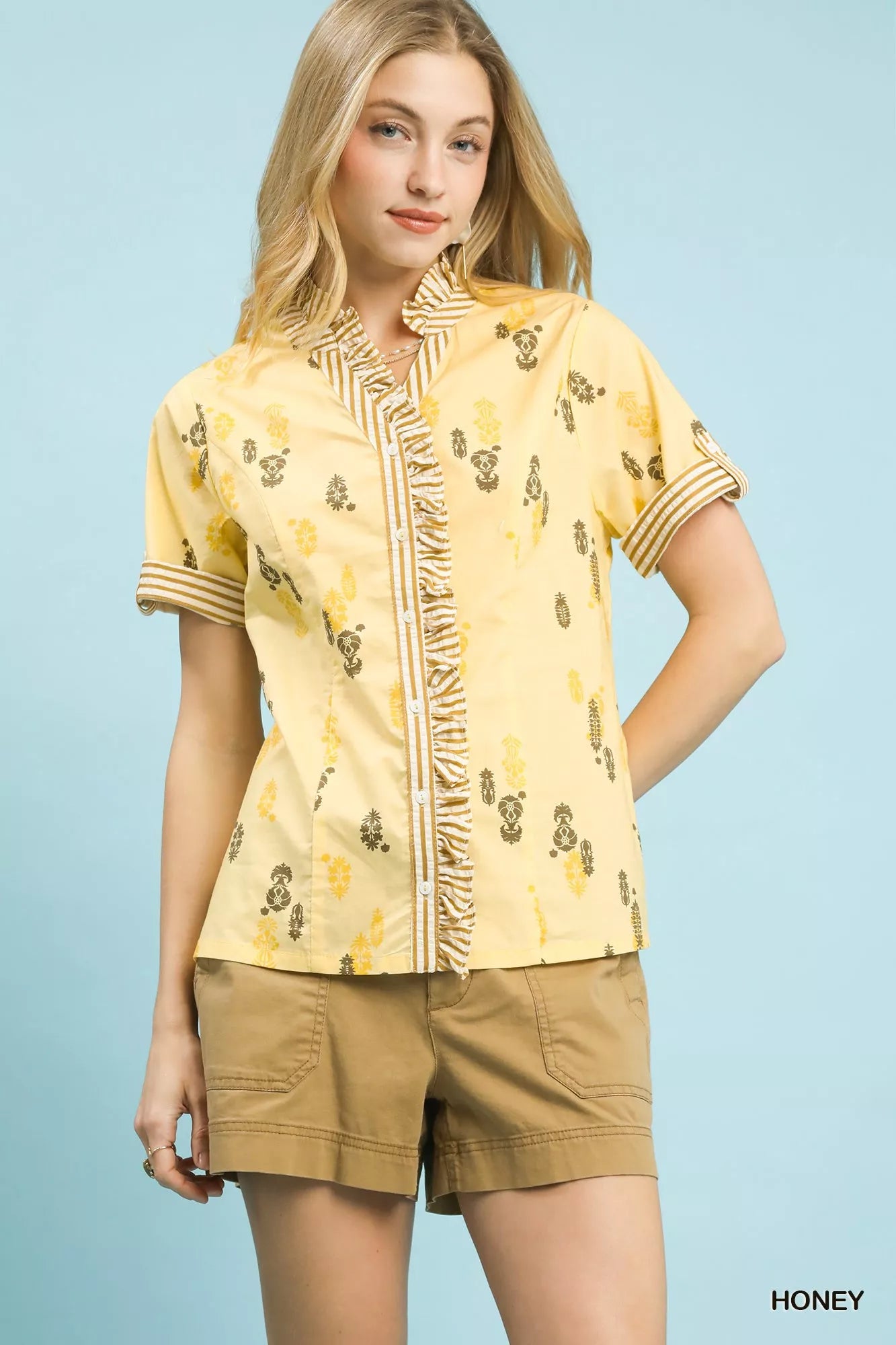 Umgee Printed Ruffle Trim Button Front Blouse