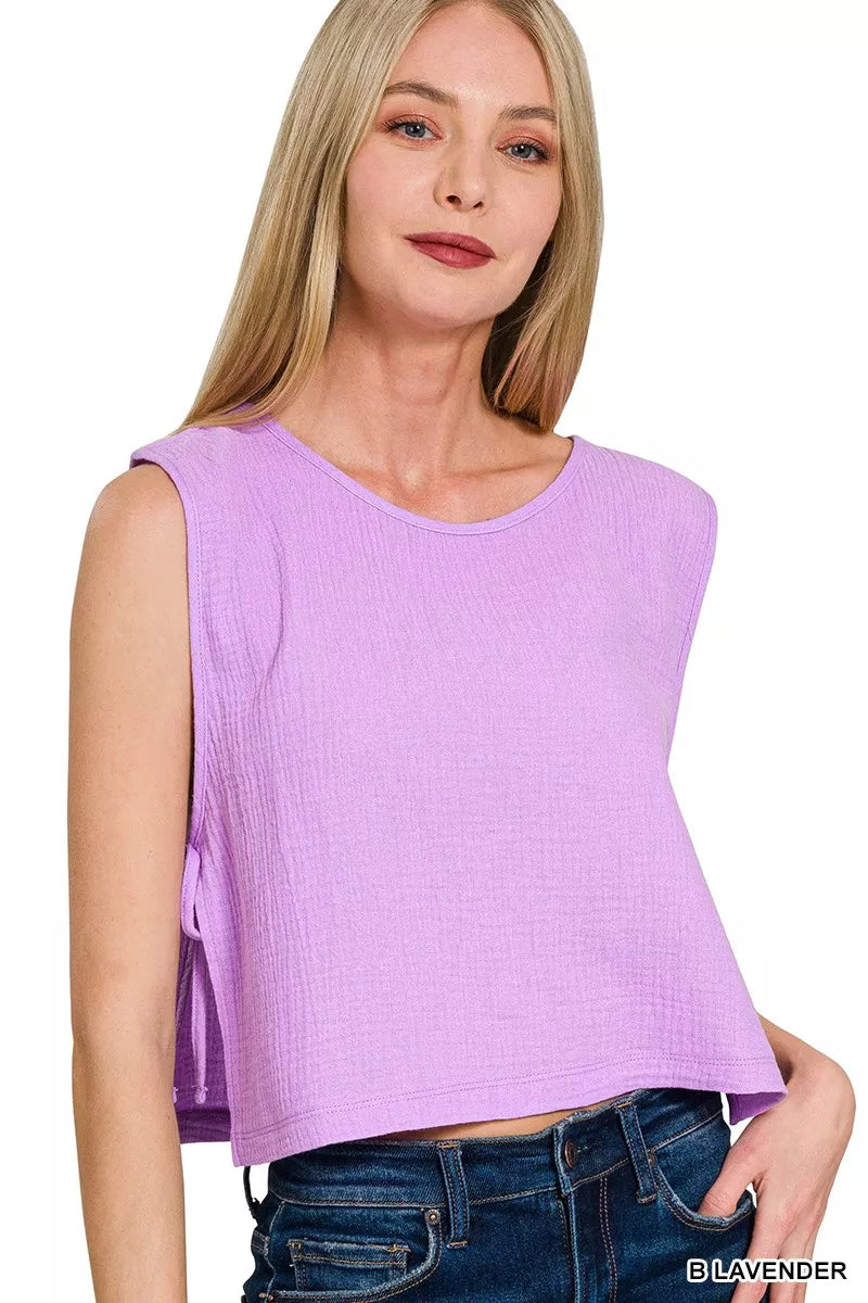 Zenana Double Gauze Side Tie Sleeveless Top