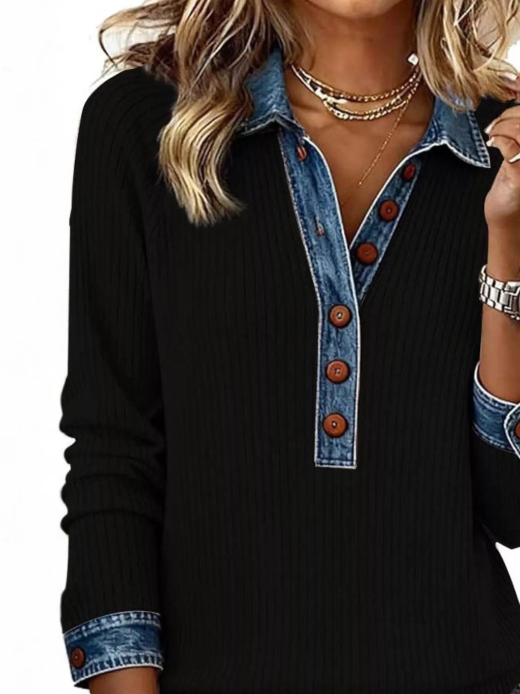 Full Size Denim Trim Button Front Ribbed Knit Top Plus Size