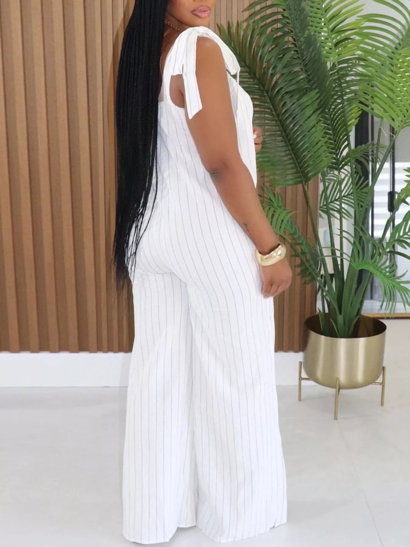 Striped Tie-Shoulder Wide Leg Jumpsuit