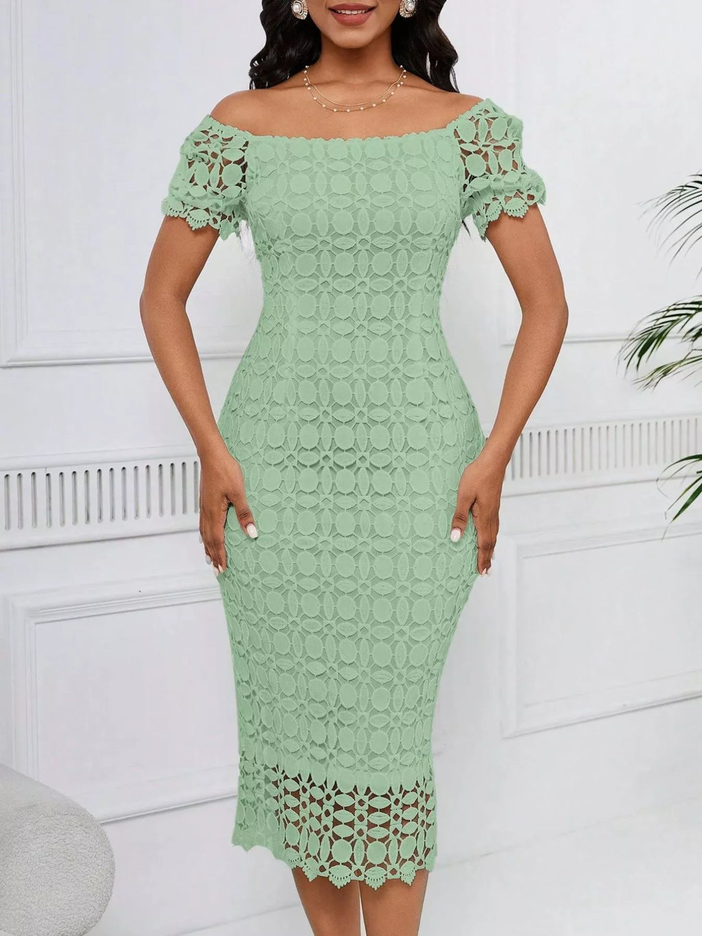 Lace Short Sleeve Midi Dress
