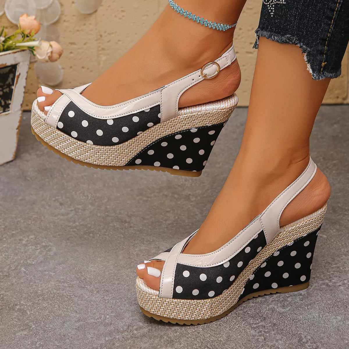 Polka Dot Peep Toe Wedge Sandals