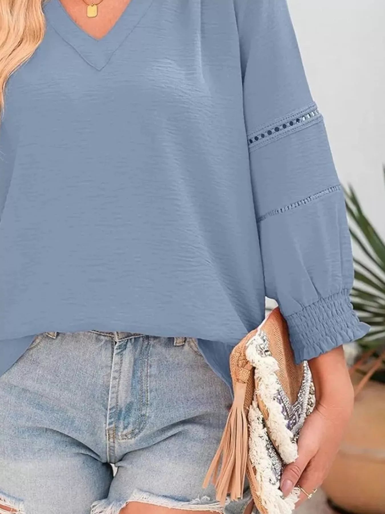 Solid Color Smocked Long Sleeve Blouse