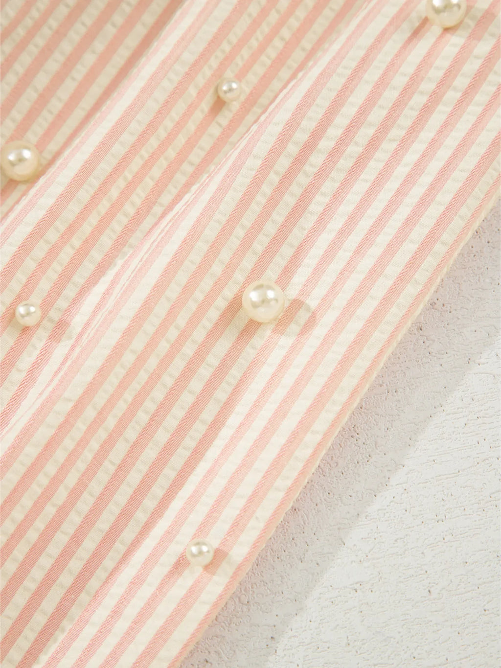 Stripe Bow Knot Cuff Pearl Embellished Puff Sleeve V Neck Blouse