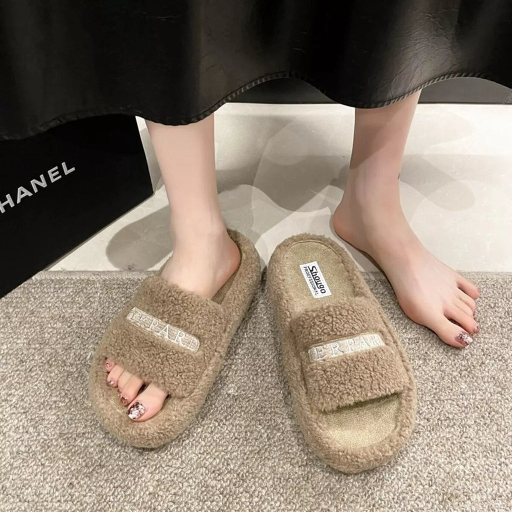 Fuzzy Plush Open Toe Slippers