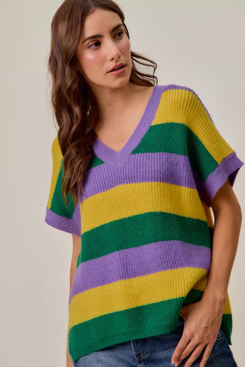 SO ME Mardi Gras Loose Fit V Neck Stripe Sweater Top