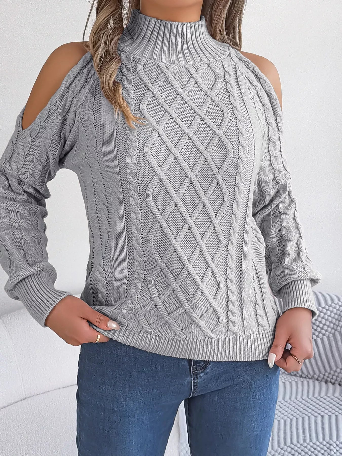 Cable Knit Cold Shoulder Turtleneck Sweater