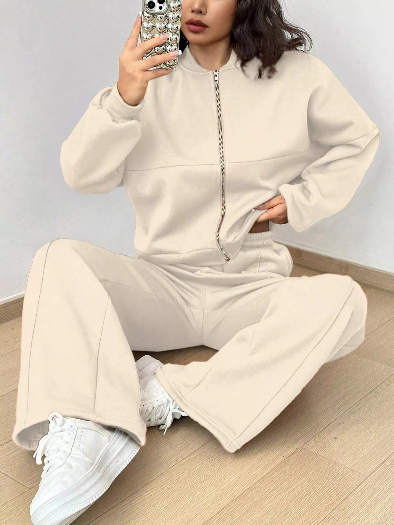 Casual Solid Color Zipper Jacket and Wide Leg Pants Set