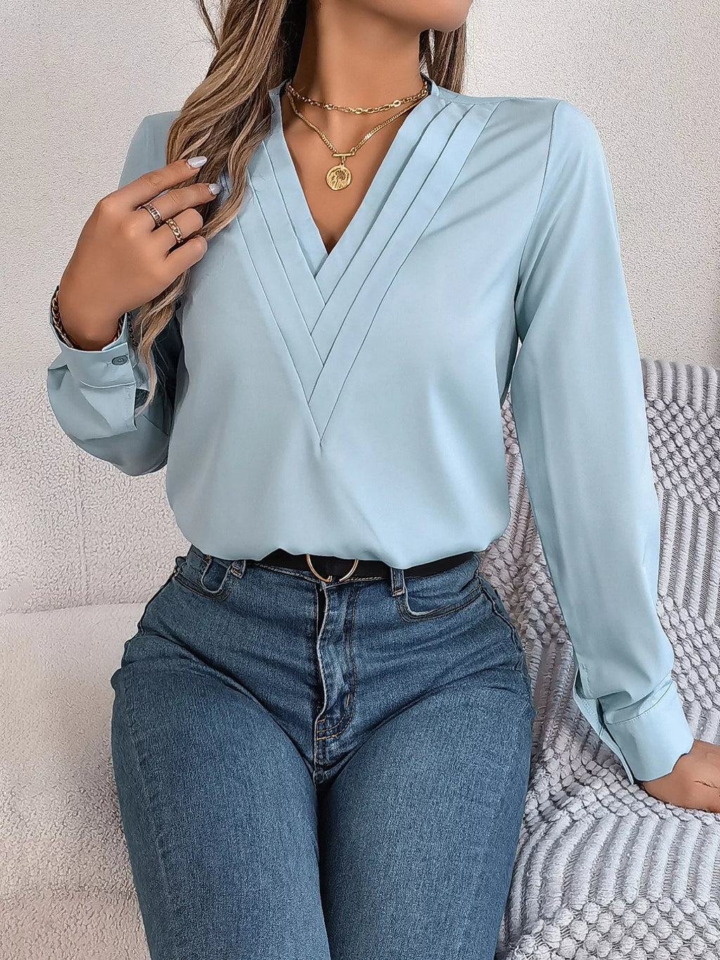 Layered V-Neck Long Sleeve Blouse