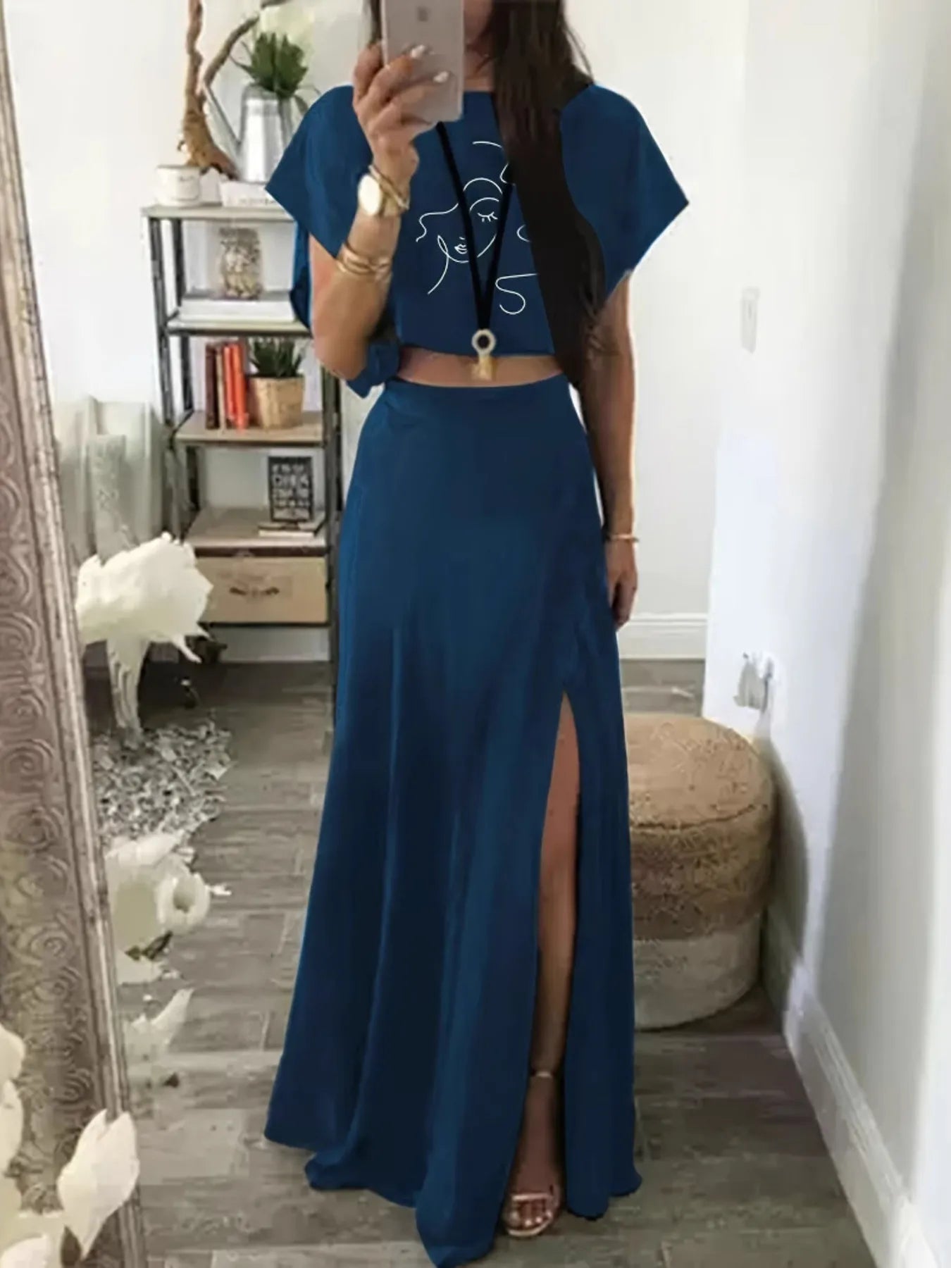 Round Neck Short Sleeve Top and Skirt Set