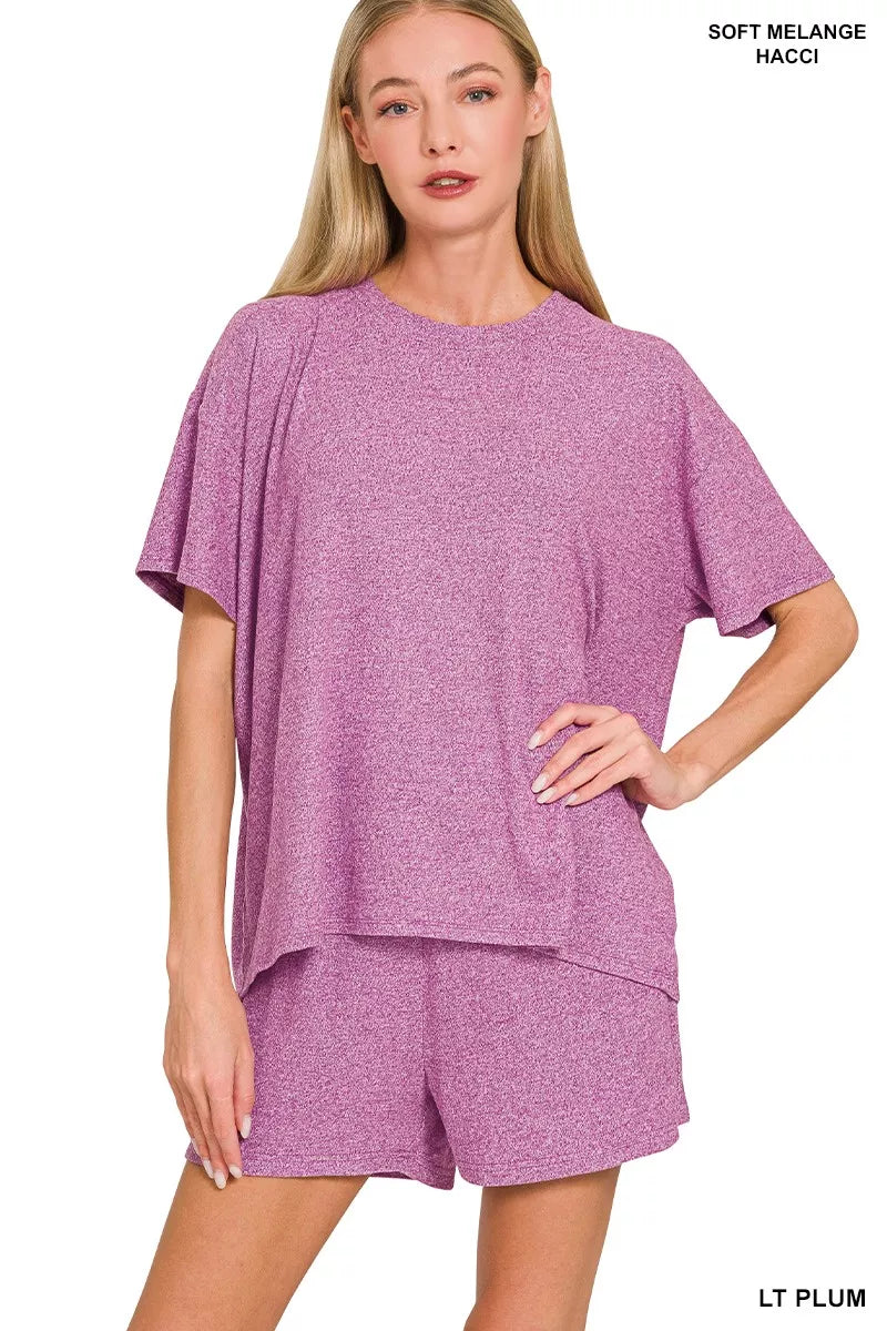 Zenana Soft Melange Short Sleeve Tee and Shorts Set