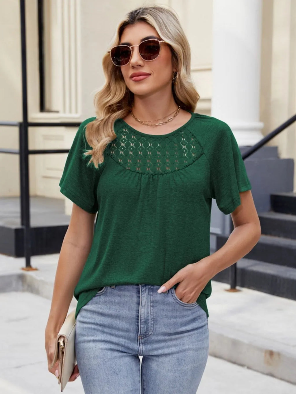 Lace Detail Round Neck Short Sleeve Blouse