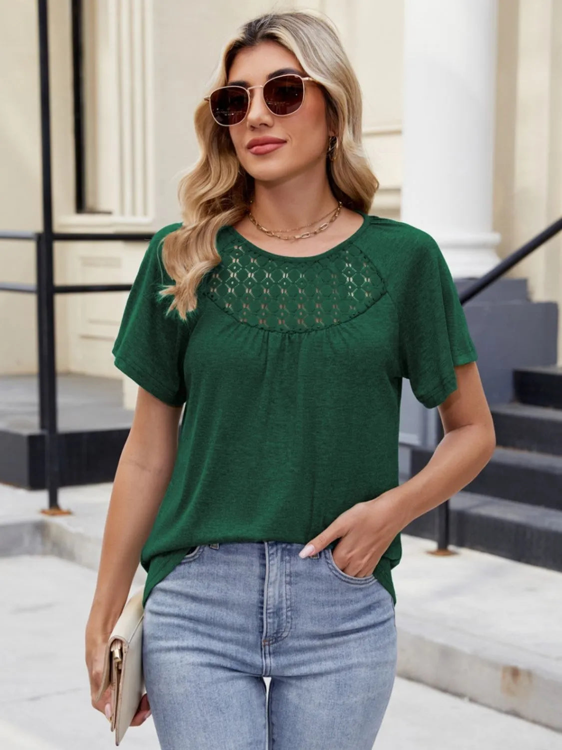 Lace Detail Round Neck Short Sleeve Blouse