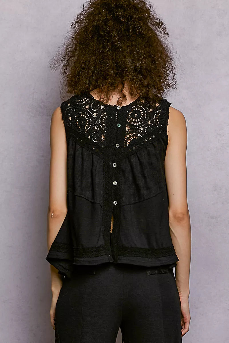 POL Round Neck Sleeveless Top with Crochet Contrast