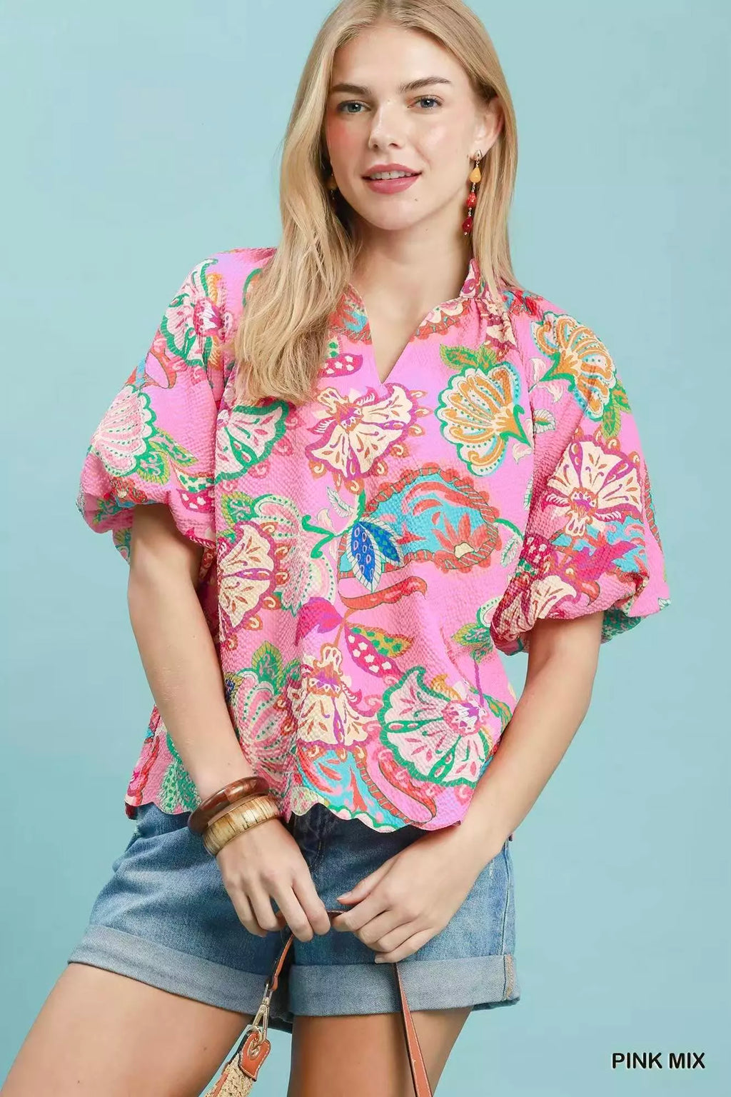 Umgee Mix Floral Print Scallop Hem Blouse