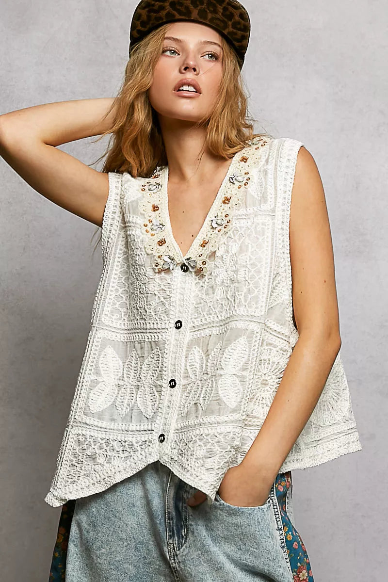 POL Lace Trim Embroidered Floral V-Neck Crochet Vest