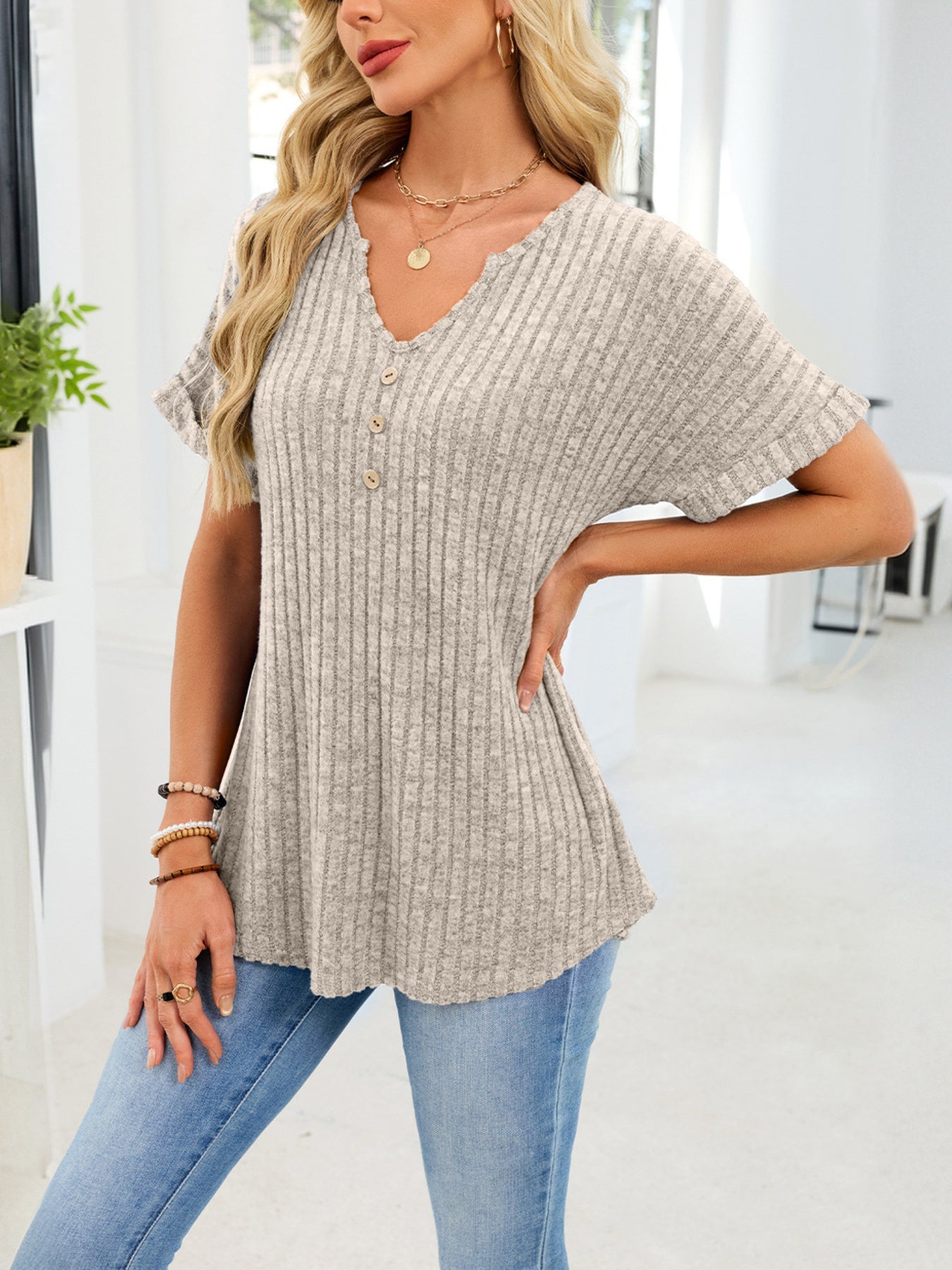 Ribbed Knit Short Sleeve T-Shirt