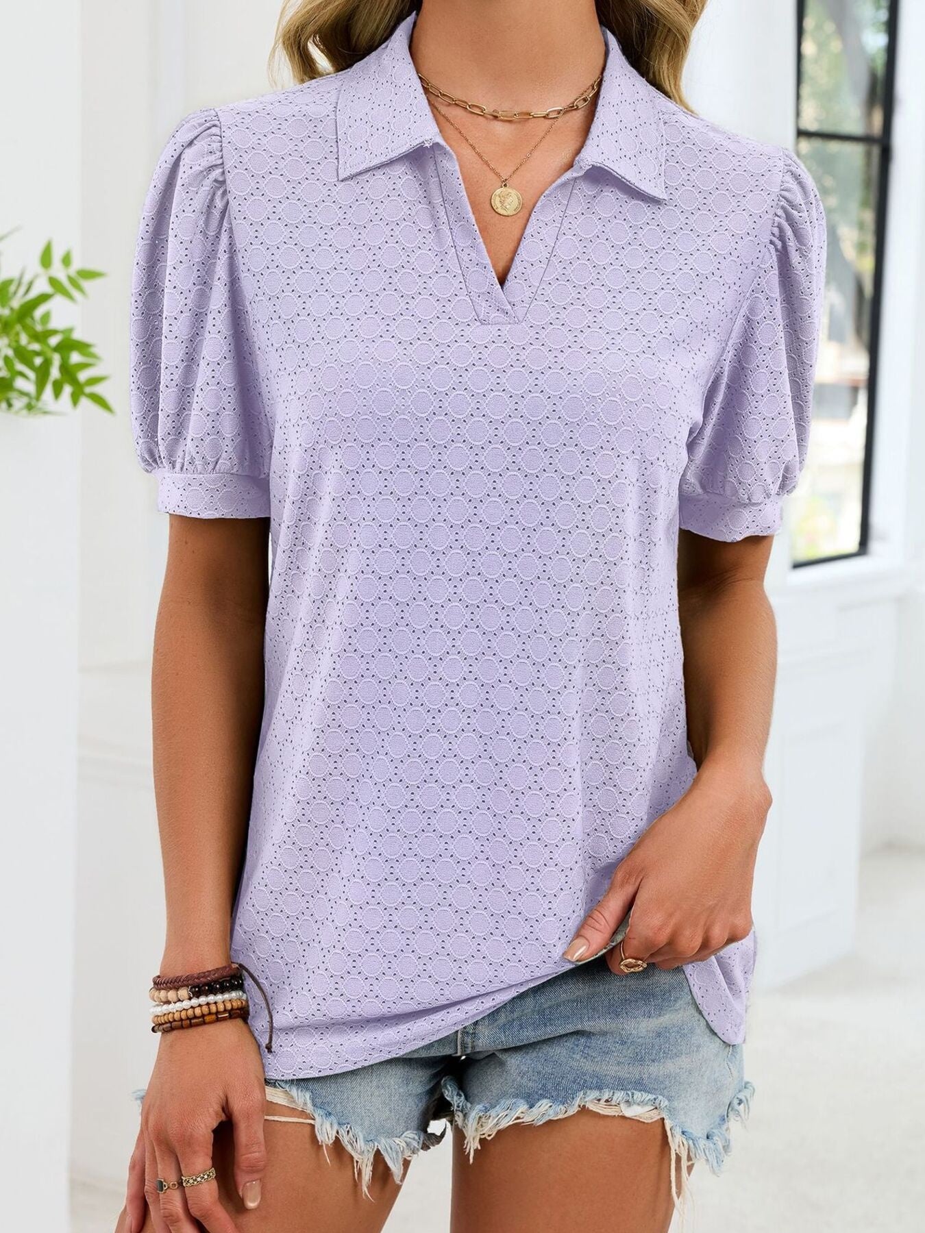 Eyelet Johnny Collar Puff Sleeve Top