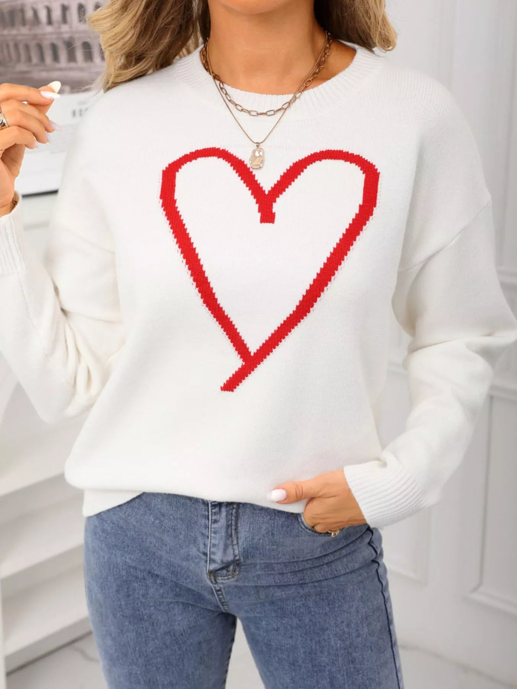 Valentine's Day Heart Graphic Dropped Shoulder Sweater