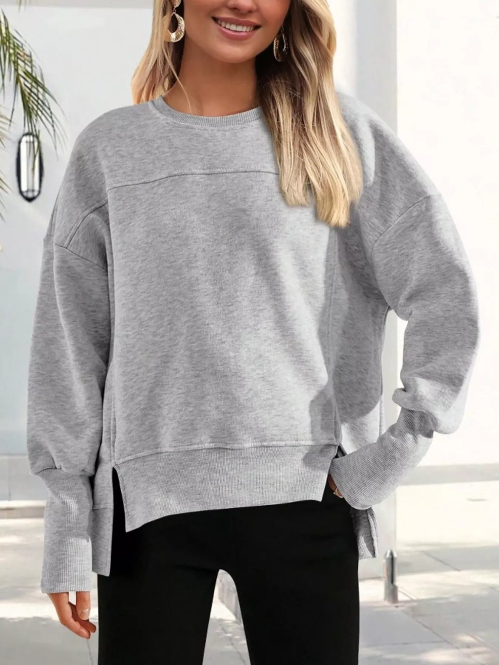 Slit Round Neck Dropped Shoulder Sweatshirt