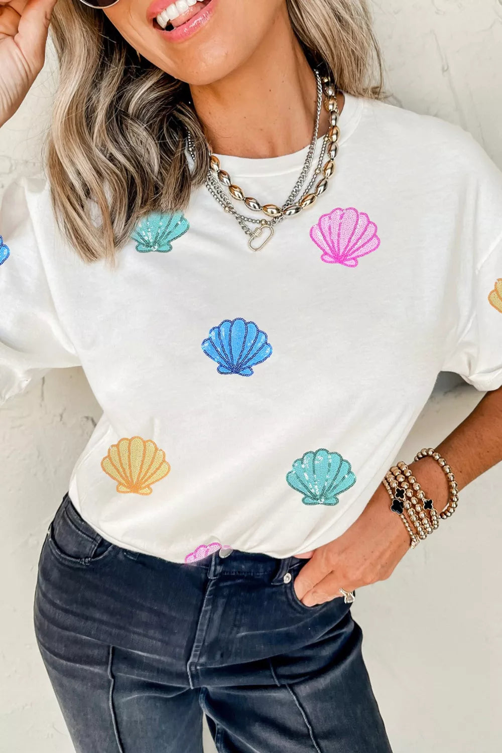 Sequin Shell Graphic Summer Loose T Shirt