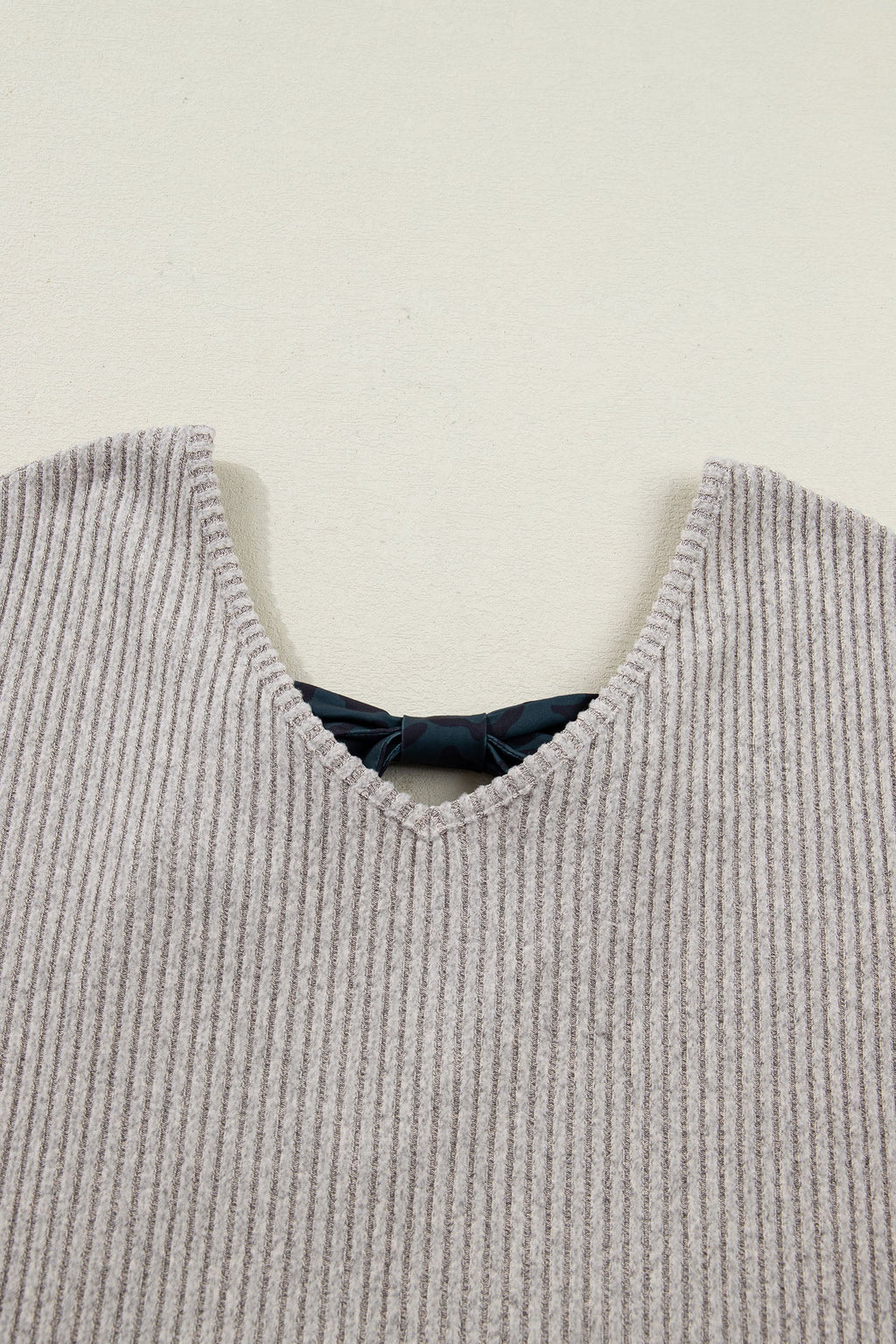 Bow Tie Back Ribbed Long Sleeve V-Neck Top